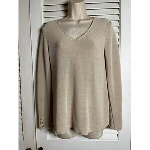J McLaughlin tan v neck tunic length cotton blend sweater button trim Small Mint